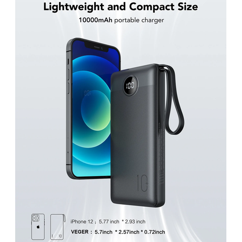 Power Bank with Built-In Cables - 10000mAh