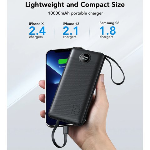 Power Bank with Built-In Cables - 10000mAh