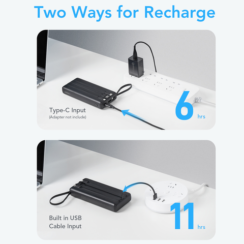Power Bank with Built-In Cables - 20000mAh