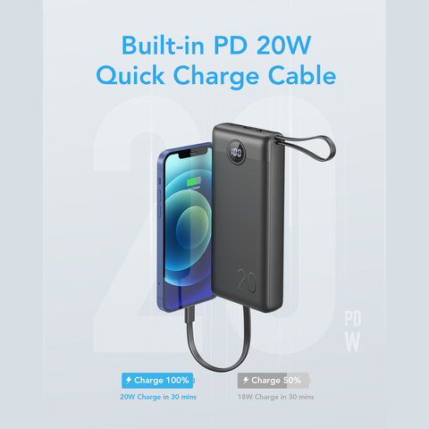Power Bank with Built-In Cables - 20000mAh