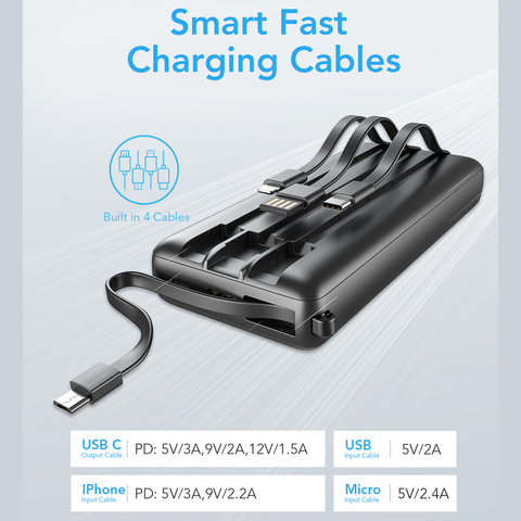 Power Bank with Built-In Cables - 20000mAh