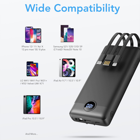 Power Bank with Built-In Cables - 20000mAh