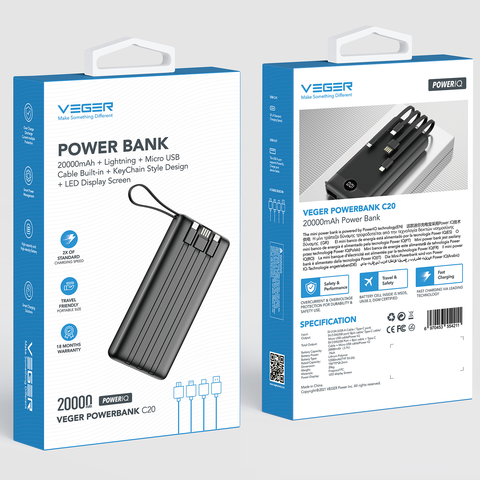 Power Bank with Built-In Cables - 20000mAh