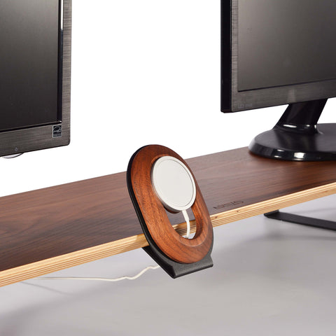 Artizo MagSafe Mount walnut finish attached to monitor stand NZ