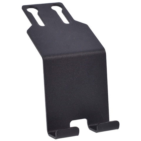 Phone and Tablet Holder front view matte black steel with device at viewing angle