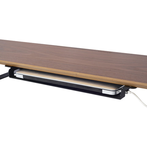 Artizo Laptop Tray mounted under monitor stand holding MacBook NZ