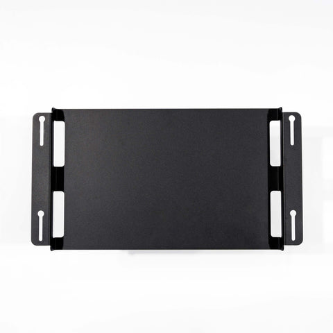 Laptop Tray installed under Artizo monitor stand with laptop and cables routed