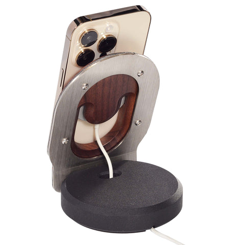 MagSafe Charger Stand rear view walnut panel and steel backplate