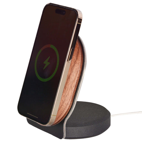 MagSafe Charger Stand holding iPhone in portrait mode walnut detail
